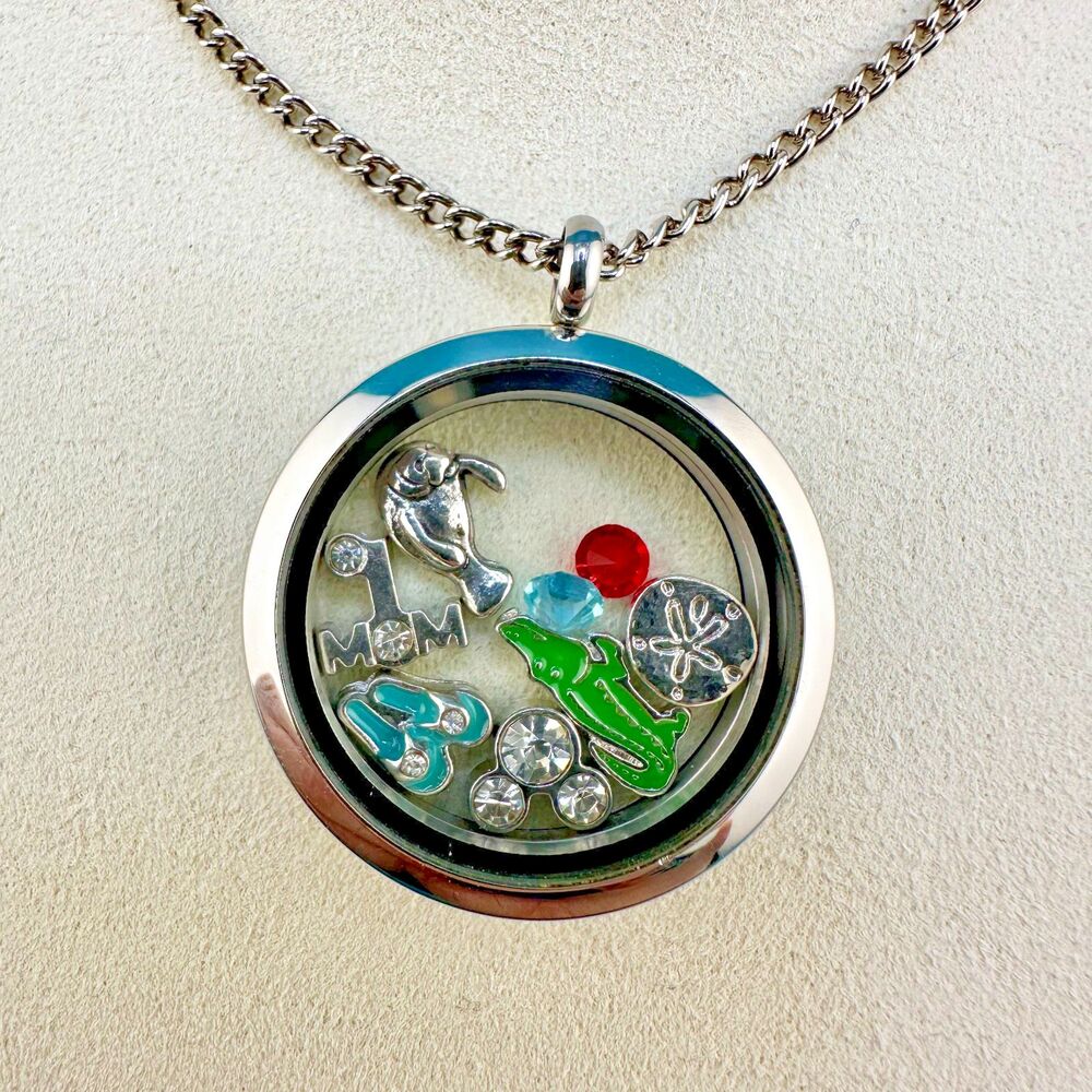 Origami Owl Charm Locket Necklace Round Glass 8 Charms Beach Sea Life Mom Disney